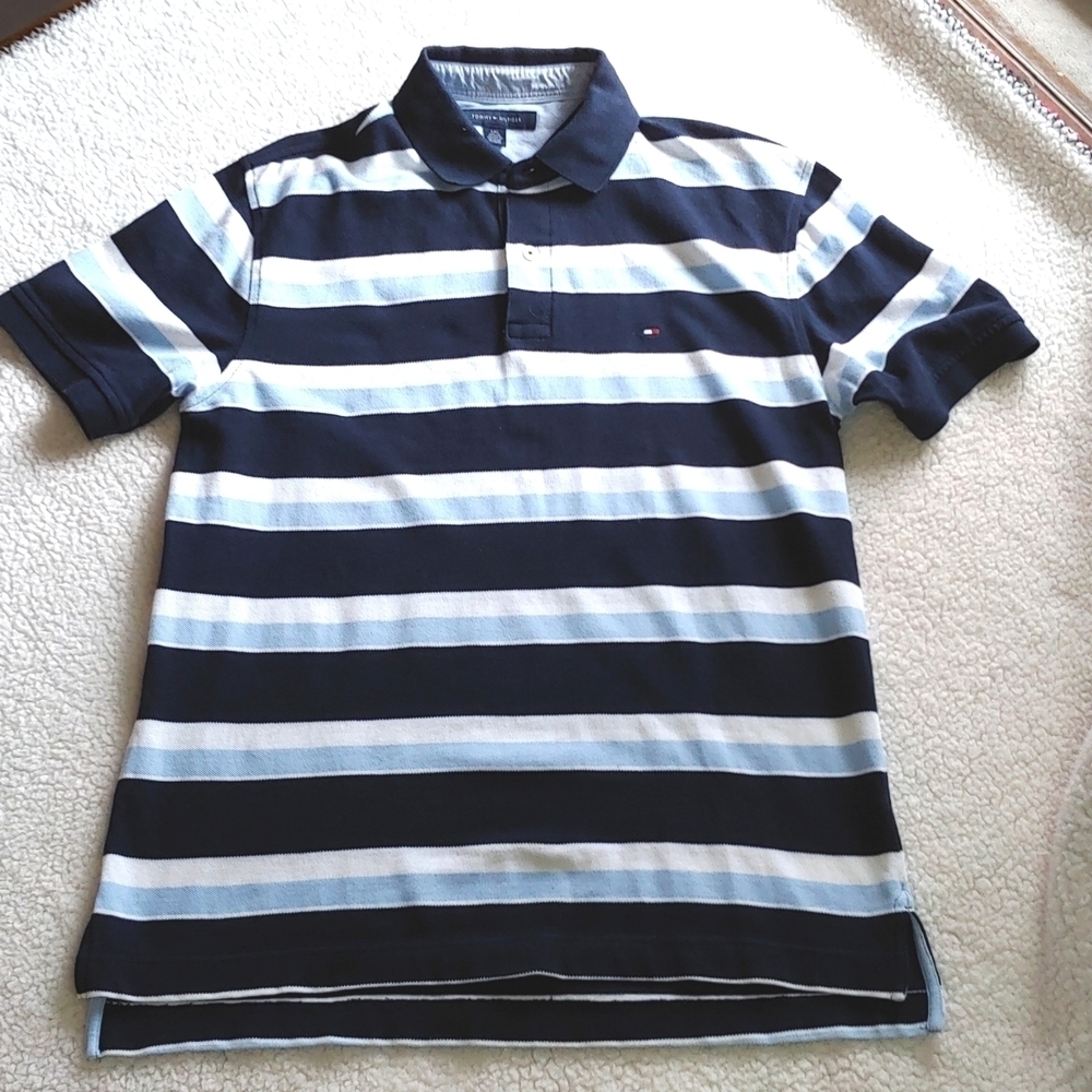 Tommy Hilfiger Men's Polo Shirt Navy/Lt Blue/White Striped Size Large